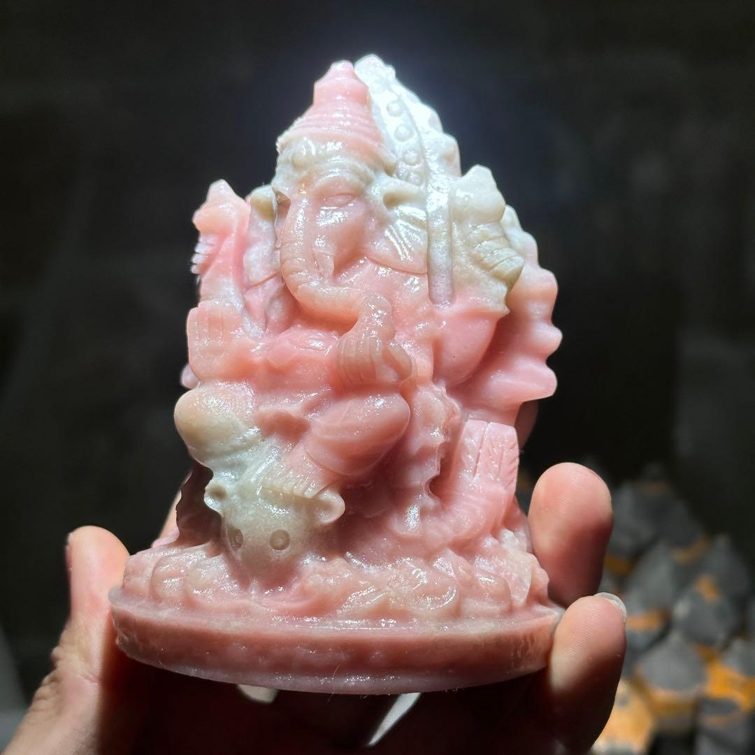 天然石ピンクオパールのガネーシャ　置物　彫り物G.266