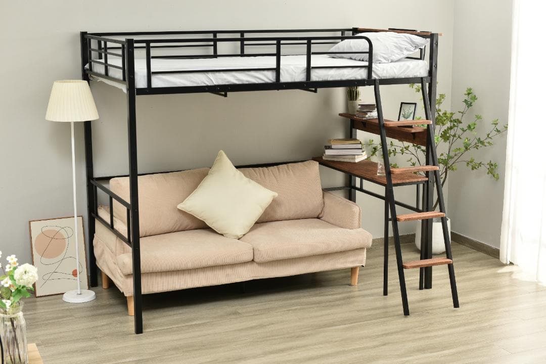 ロフトベッド【S・シングル】　コンセント・デスク・梯子階段付き　BLACK