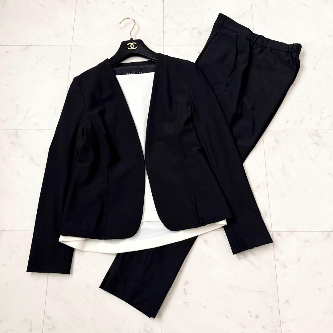 極美品❤️2024　INDIVI インディヴィ　パンツスーツ　ノーカラー　黒