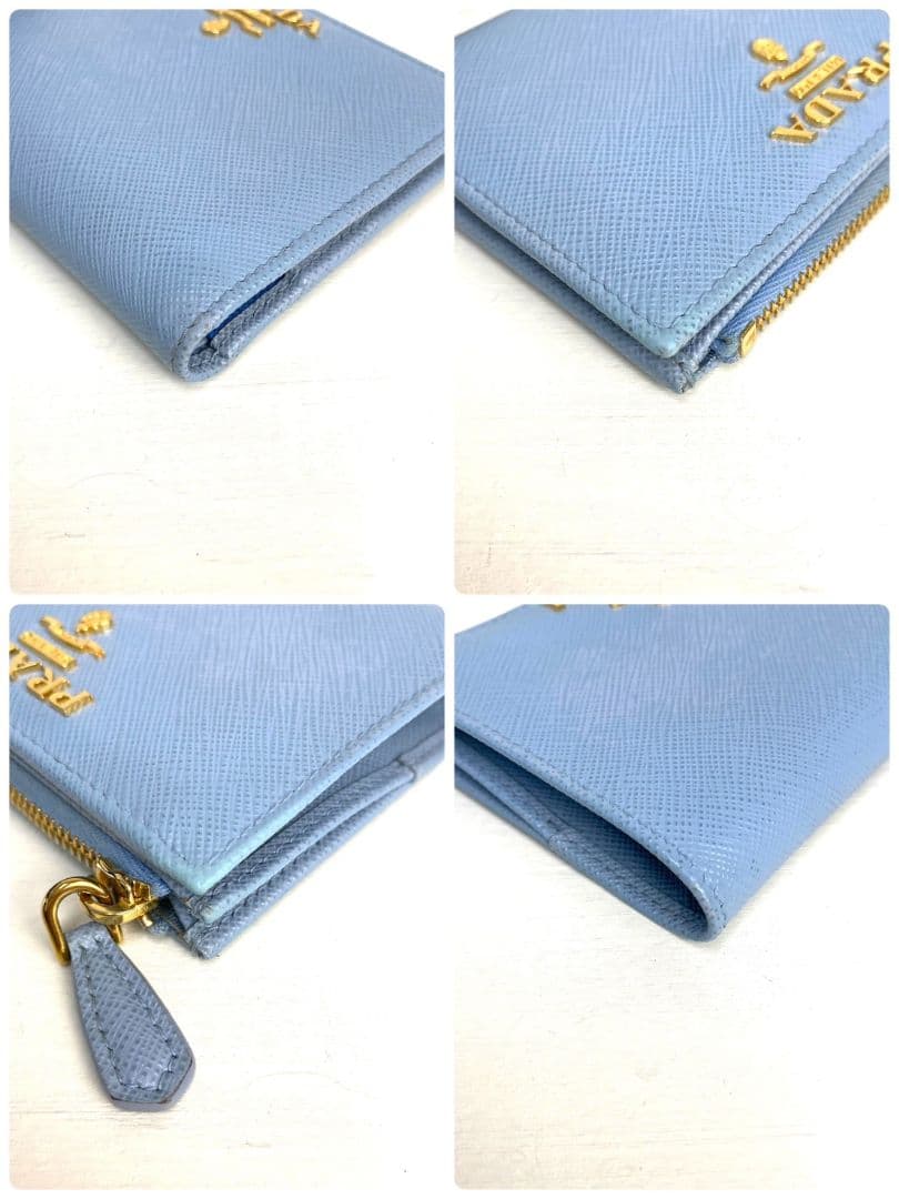 美品 希少✨RFID プラダ 二つ折り財布 サフィアーノレザー ロゴ ファスナー