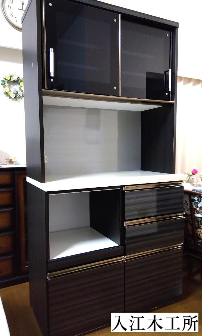 キッチンボード カップボード 鏡面仕上げ 高さ184cm ダークブラウン 美品