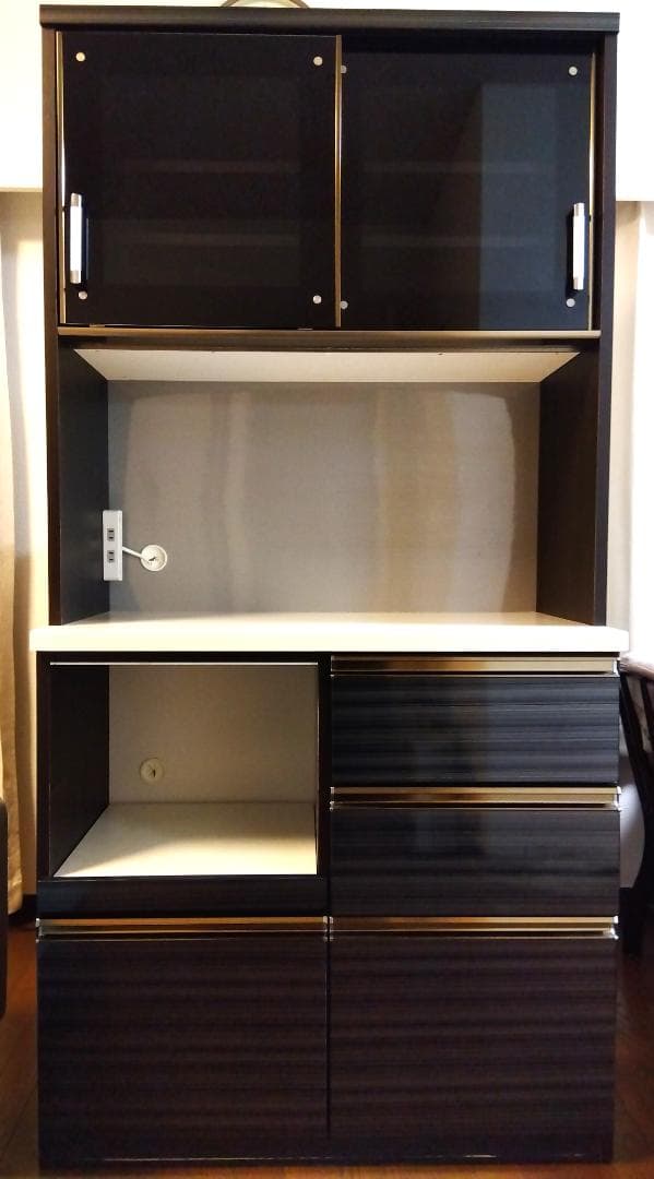 キッチンボード カップボード 鏡面仕上げ 高さ184cm ダークブラウン 美品