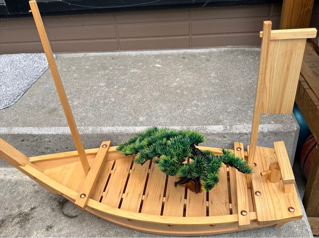 舟盛り 刺し身海鮮盛り 舟木製模型 ミニチュア盆栽付き