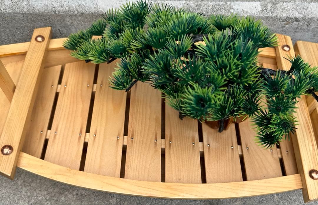 舟盛り 刺し身海鮮盛り 舟木製模型 ミニチュア盆栽付き