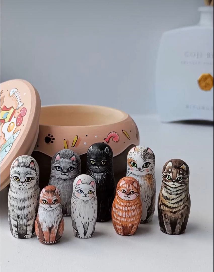 ロシア雑貨☆ネコキット猫８匹&特製Box マトリョーシカ マルガリータ作