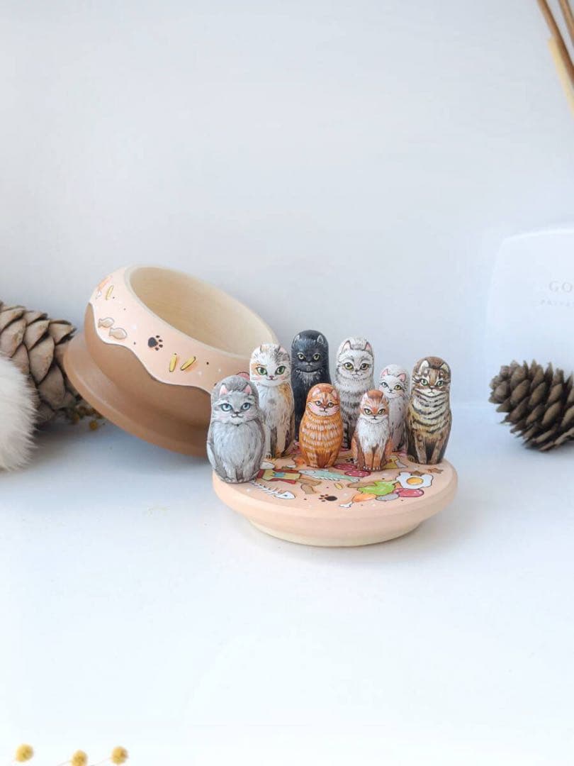 ロシア雑貨☆ネコキット猫８匹&特製Box マトリョーシカ マルガリータ作