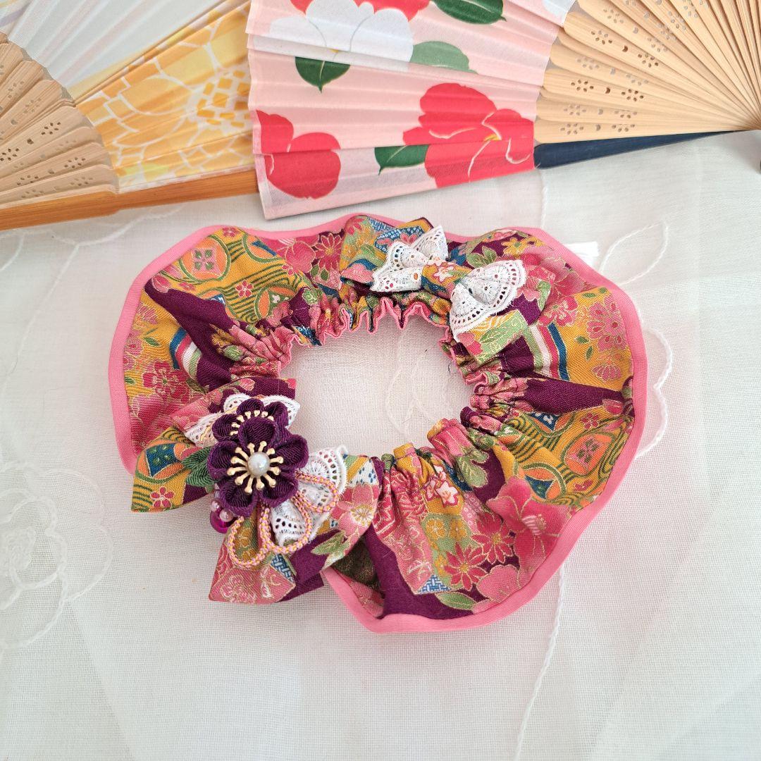 幅広シュシュ和風つまみ細工(紫)わんちゃん猫ちゃん用