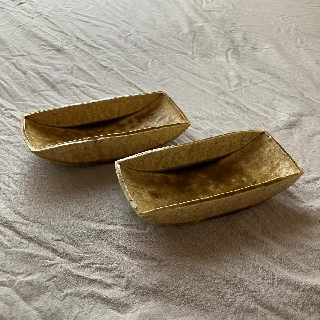 【新品未使用】【入手困難】安達健　茶灰釉　舟形鉢　2点セット