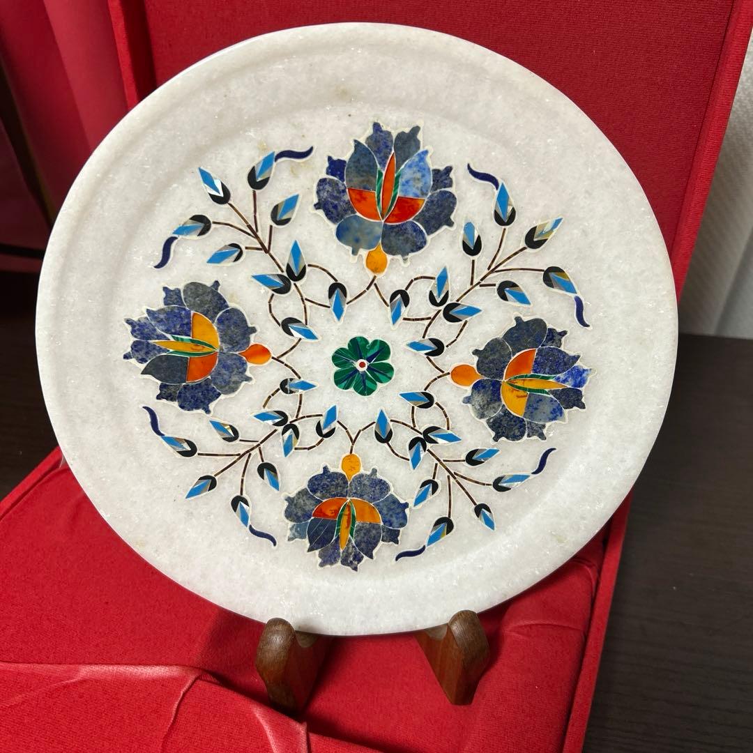 インド工芸品 大理石象嵌細工 飾り皿
