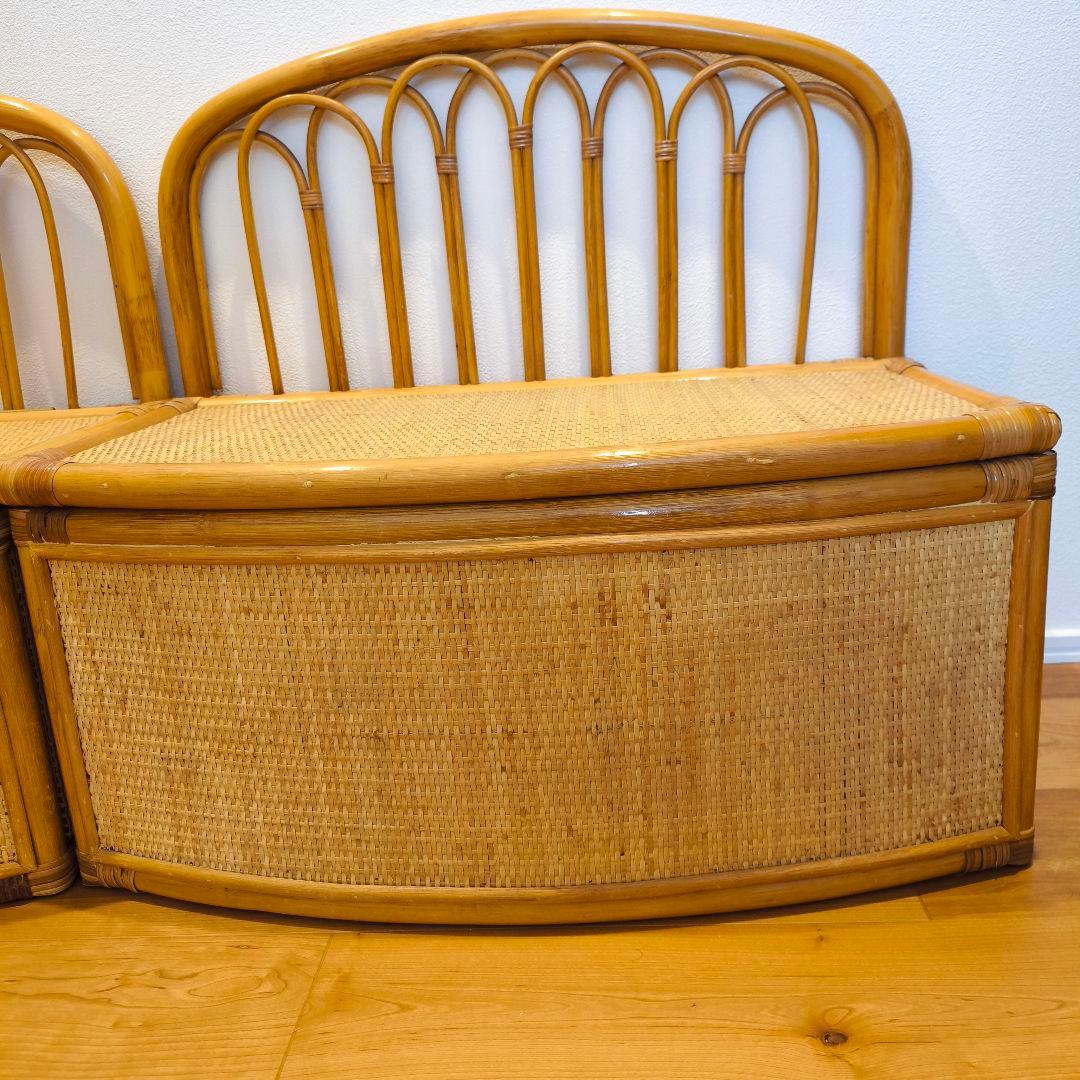 【2個セット】古家具 ビンテージ 籐 オールドラタン 収納型 ボックスベンチ