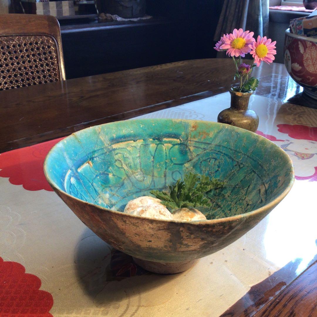 A767 ペルシャ古陶 古代波斯 青釉刻文黒線描　銀化鉢 発掘出土品（箱付）