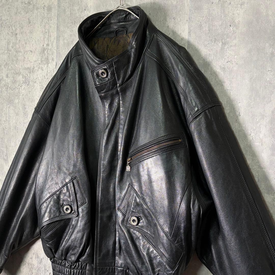 極上 羊革 ラムレザー ジャケット 短丈 黒 裏地総柄 柔らかい