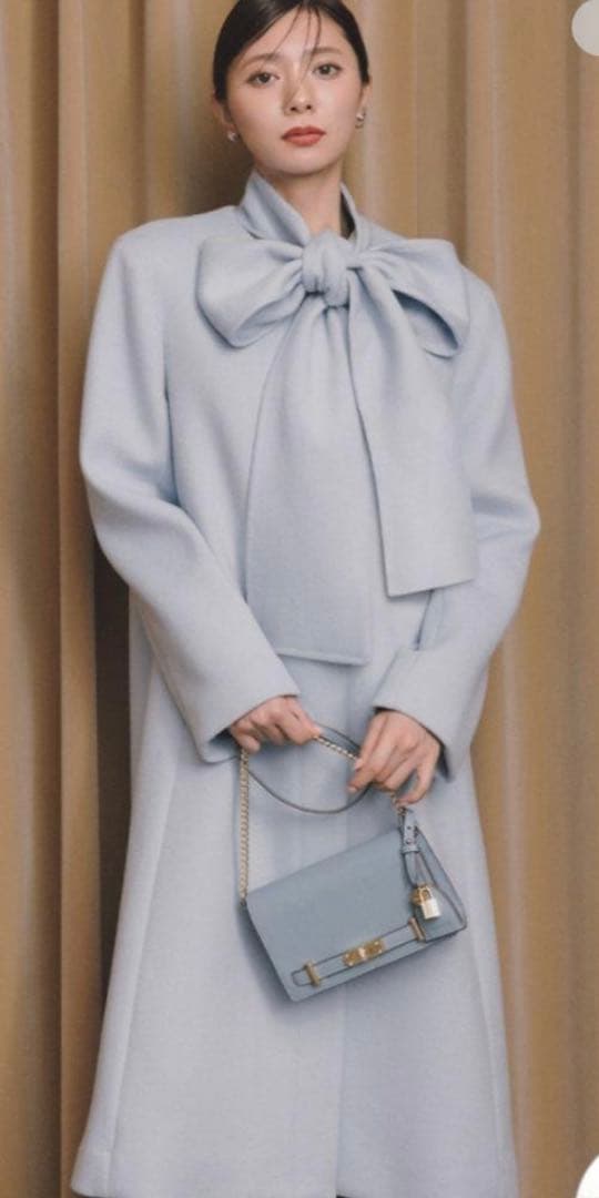 セルフォード 36 リボン付き ライトブルー サックス ロングコート