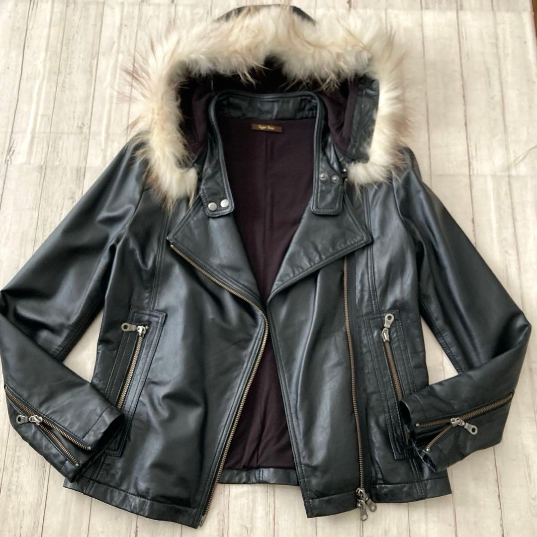 美品★ 羊革　ラムレザー　ライダース　2WAY ジャケット　ダブルジップ　ファー