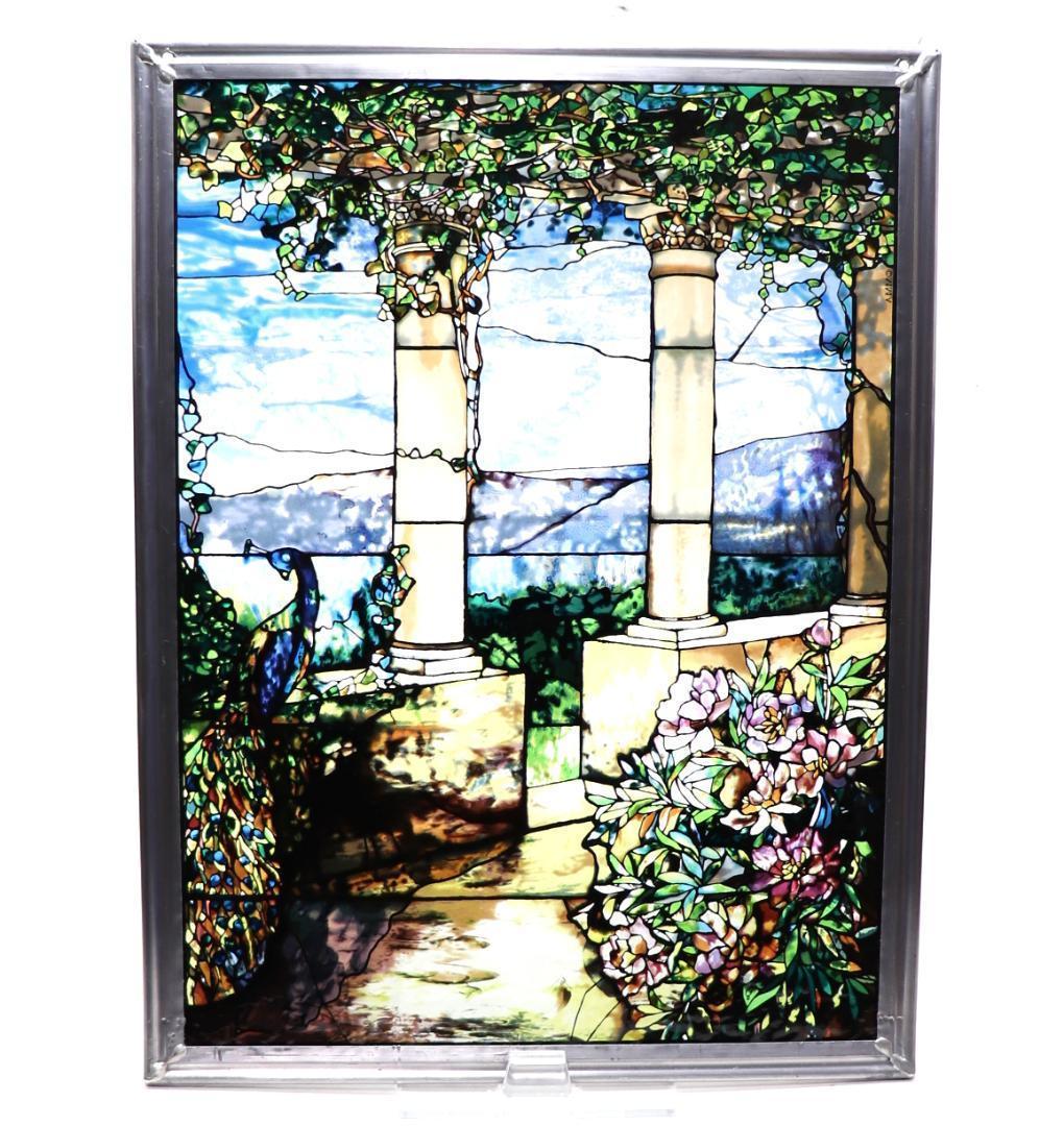 孔雀と牡丹の華の風景 ルイス・C・ティファニー ヴィンテージ ステンドグラス