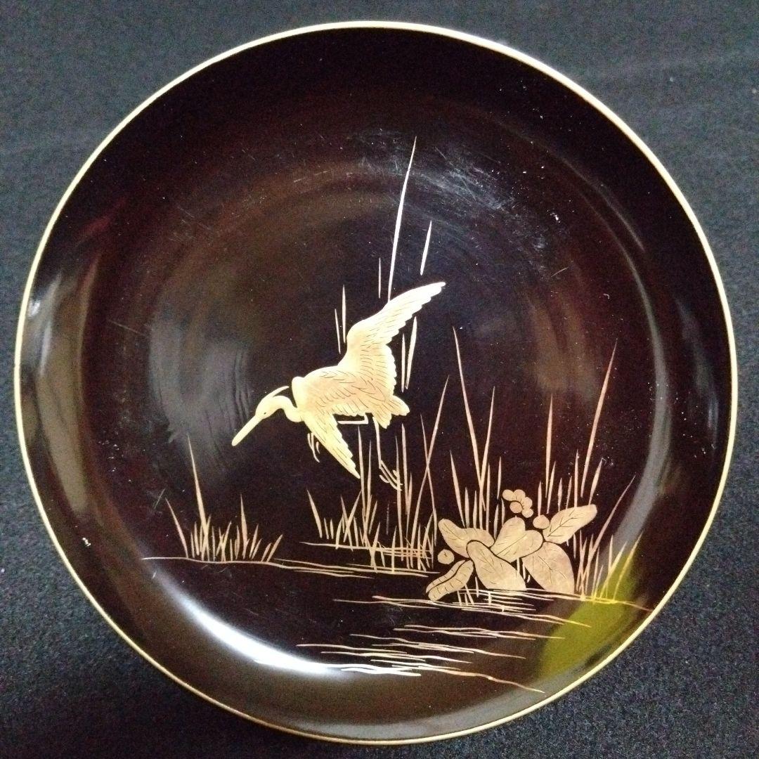 【漆器】輪島塗　江戸期　金蒔絵　金縁　本漆塗　天然木　白鷺紋様　水辺を飛立つ白鷺