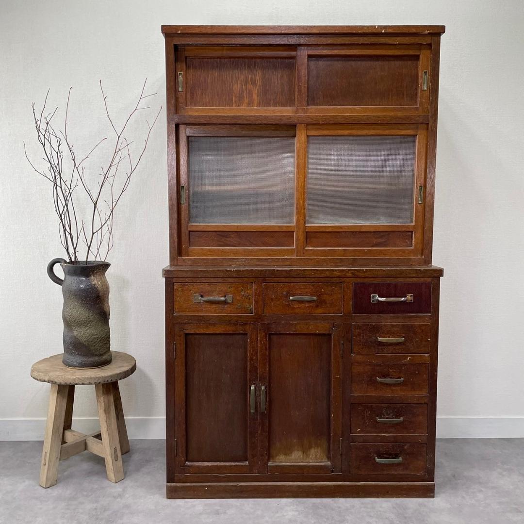 ヴィンテージ チェッカーガラス 食器棚 水屋箪笥 飾り棚 収納棚 和家具