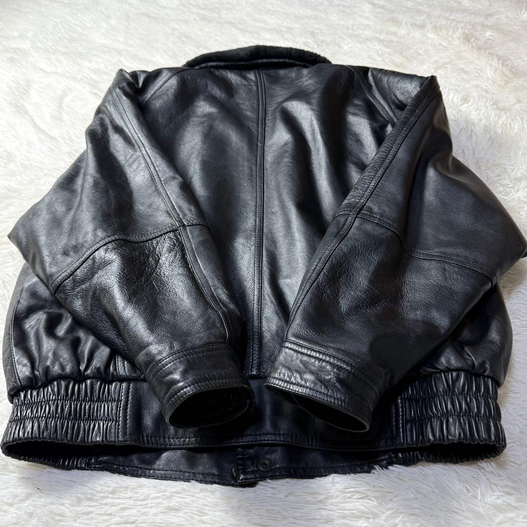 【90s】G-1 ブラックレザー フライトジャケット M 特大ムートン襟ボア