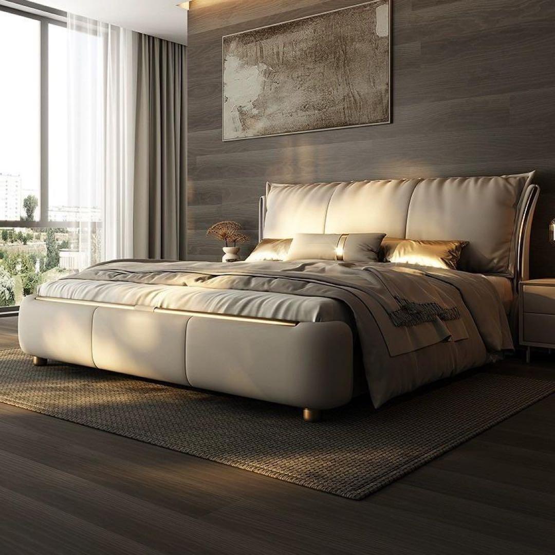 ラグジュアリー ベッド クイーンサイズ ベージュレザー