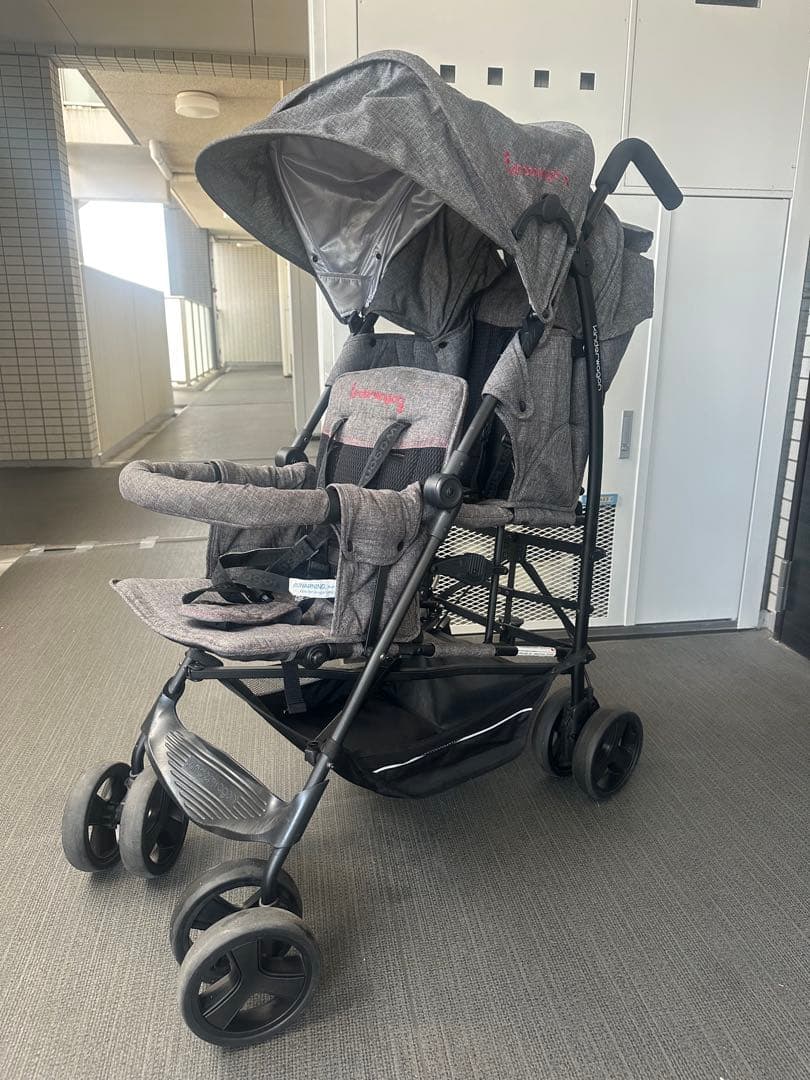 日本育児 二人乗りベビーカー DUOシティHOPII レインカバー付き　グレー