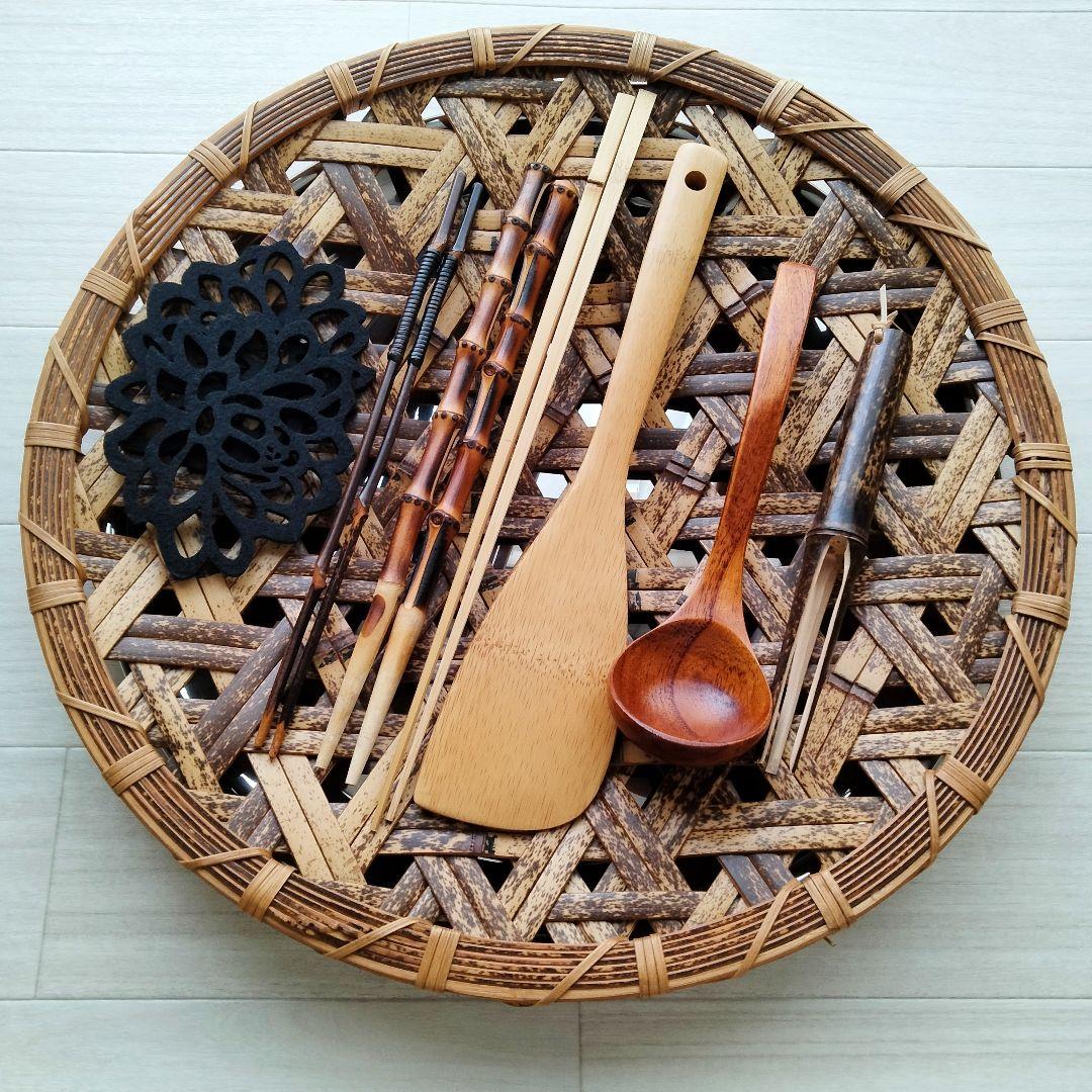 竹平ザル　伝統工芸品　純日本製　＆　竹製しゃもじ、菜箸、おたま、ステンレストレー