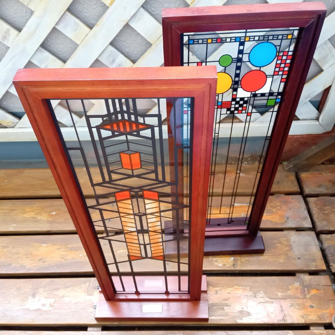 フランクロイドライト ステンドグラス木製枠２枚パレード＆ロビー邸グラスマスターズ