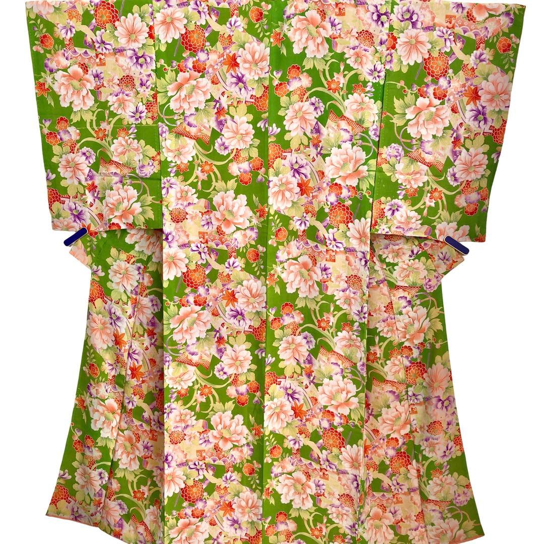 若草色 アンティーク着物 縮緬 ジュニア 十三詣り NO26