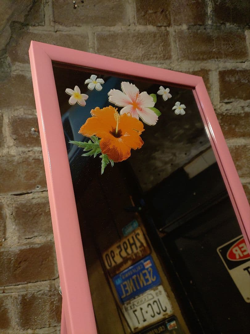 昭和レトロ　スタンドミラー　ハイビスカス　ピンク　ビンテージ　アイアンフレーム