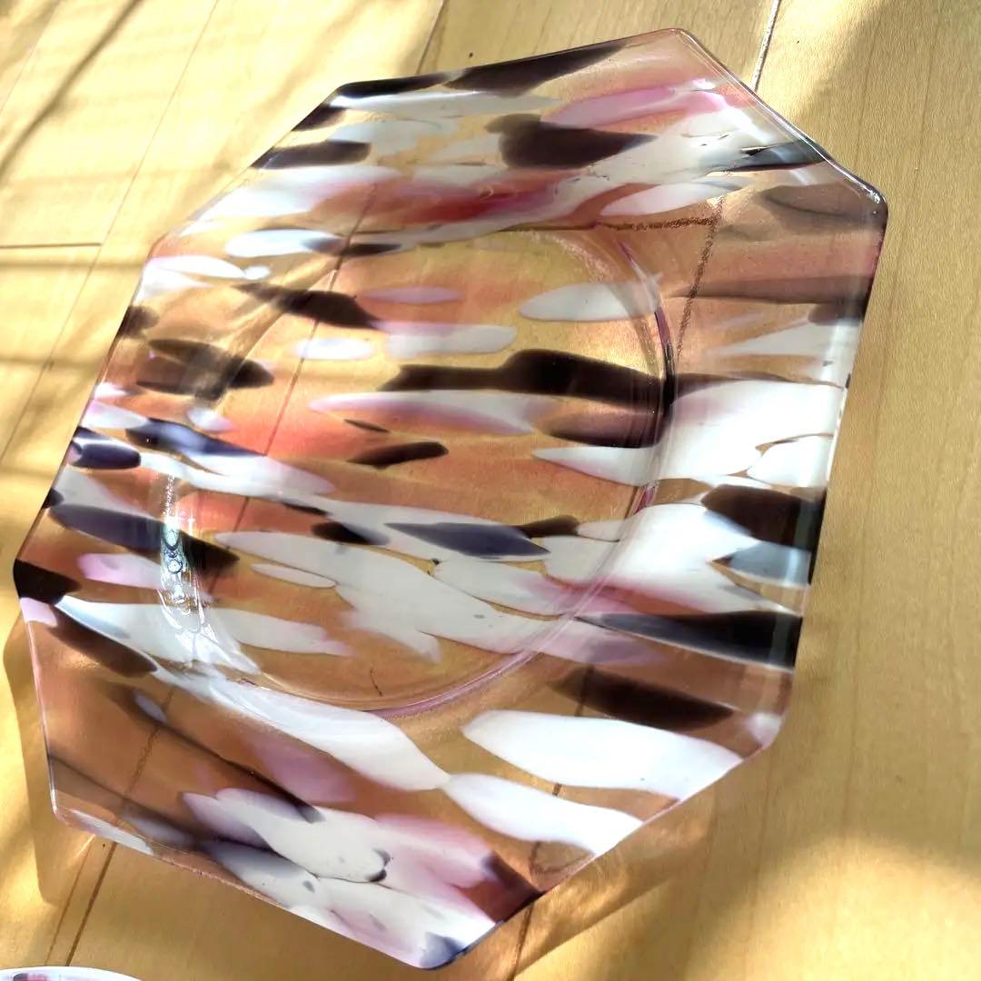 天気雨　ガラス　大皿3枚セット　ピンクマーブル模様