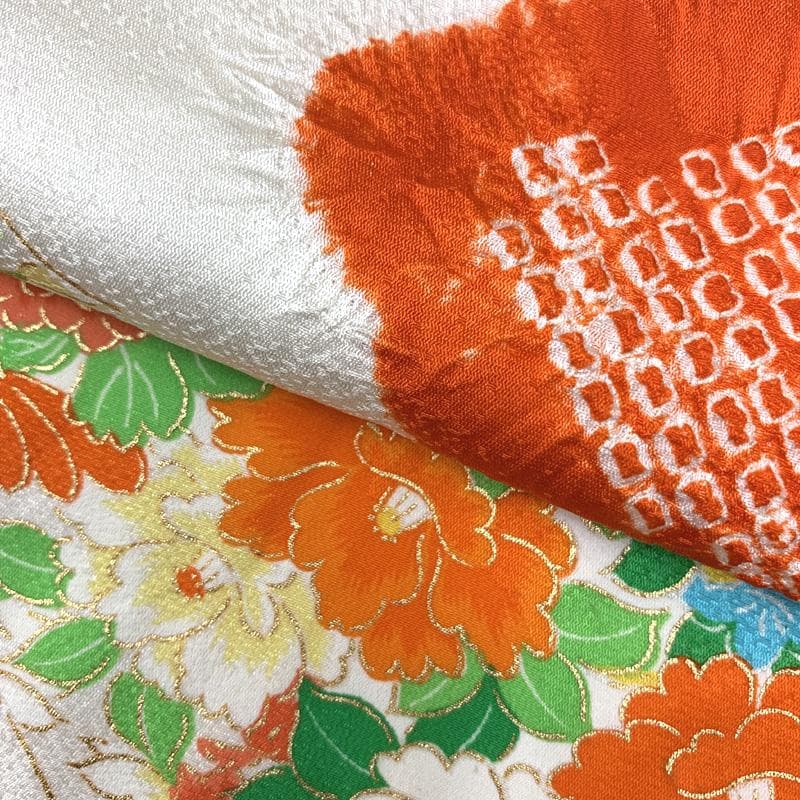 506ag39□七五三 七歳 女児 着物&袋帯 金彩 絞染め 花 白□美品