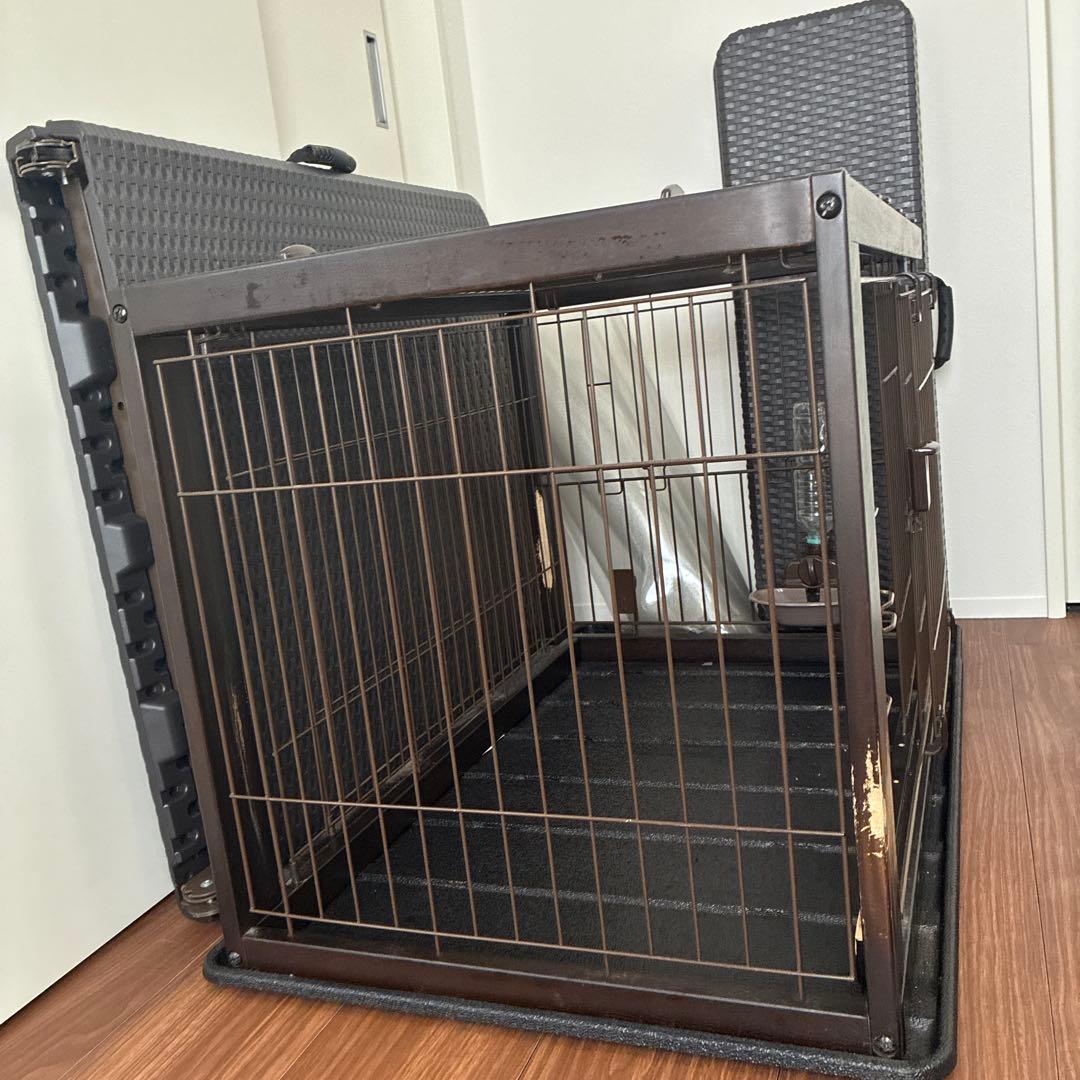 天然木　伸縮木製スライドペットサークル ダークブラウン　屋根・トレイ付き