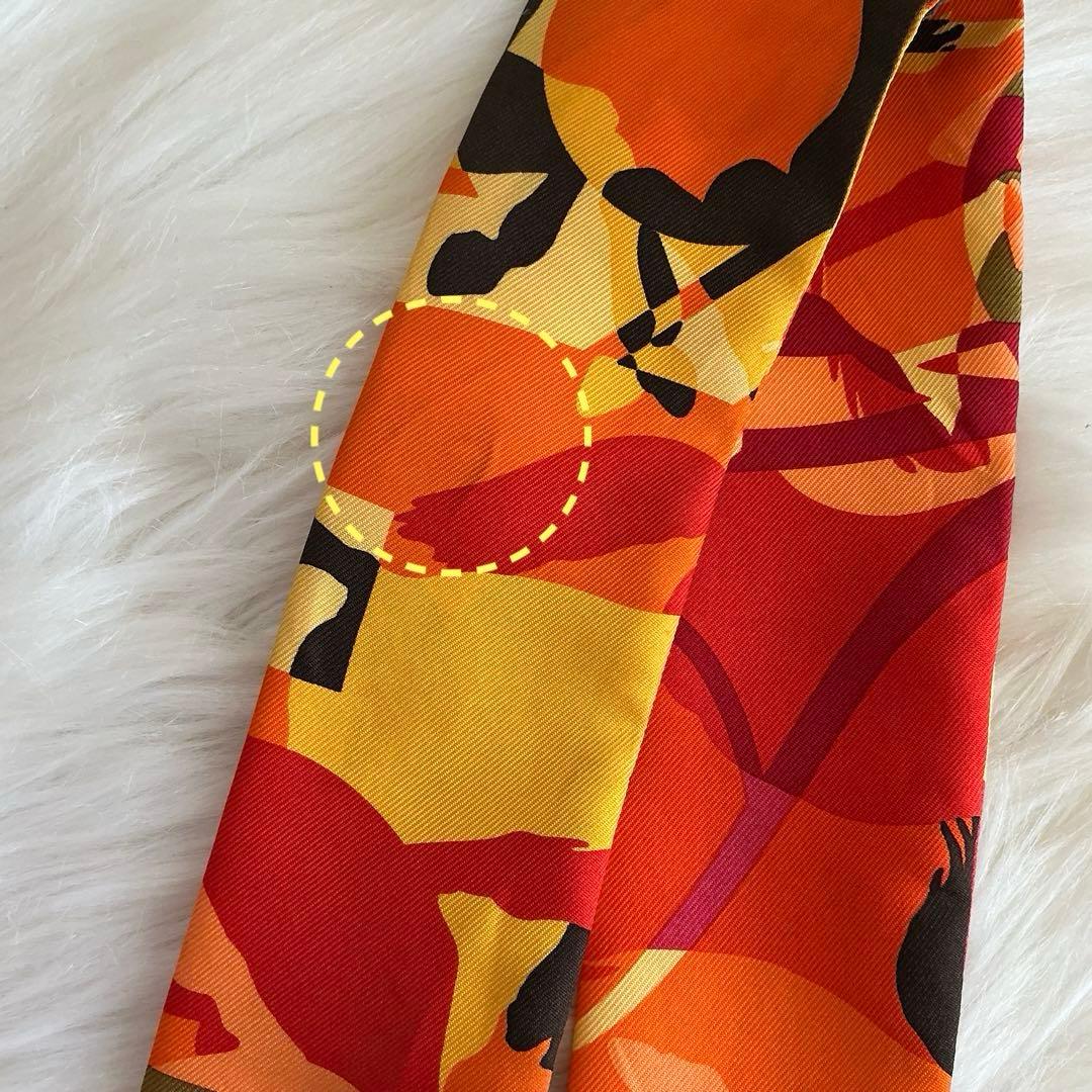 エルメス ツイリー リボンスカーフ 馬 シェルバホース オレンジ シルク 箱付き