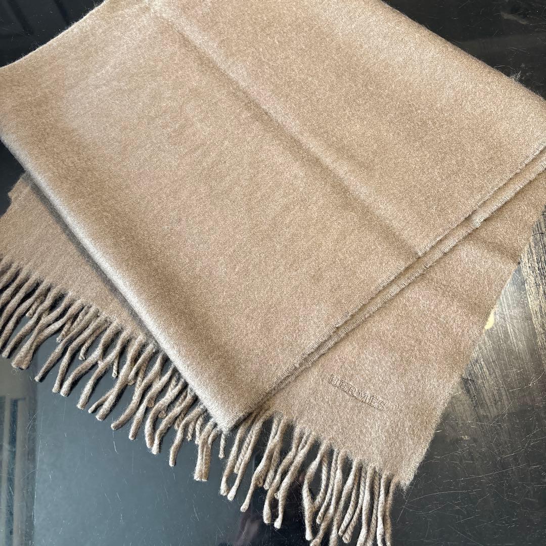 エルメス　マフラー　カーキ　　グレージュ　カシミヤ100 美品