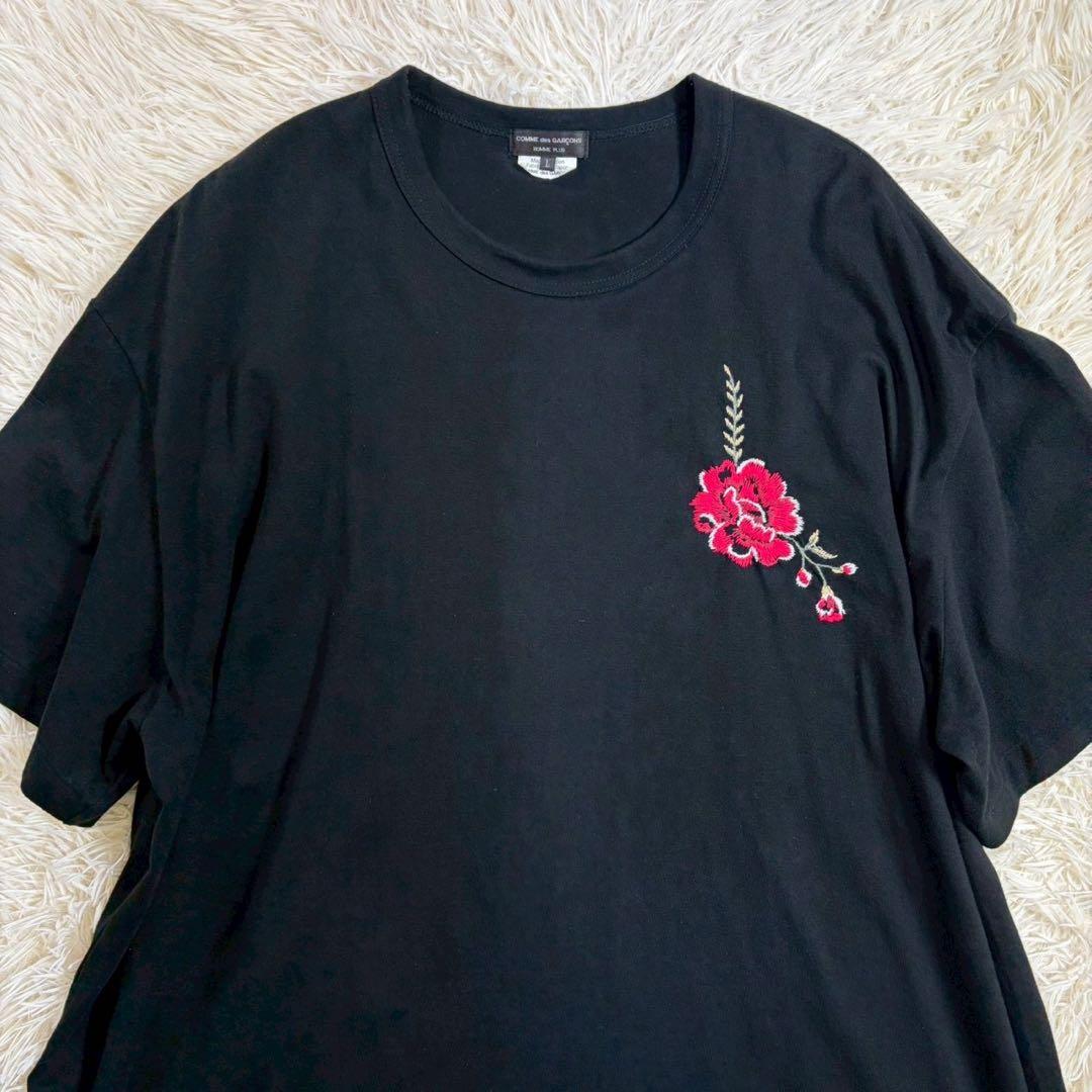 コムデギャルソンオムプリュス 刺繍Tシャツ 花柄 黒 L 日本製 AD2021