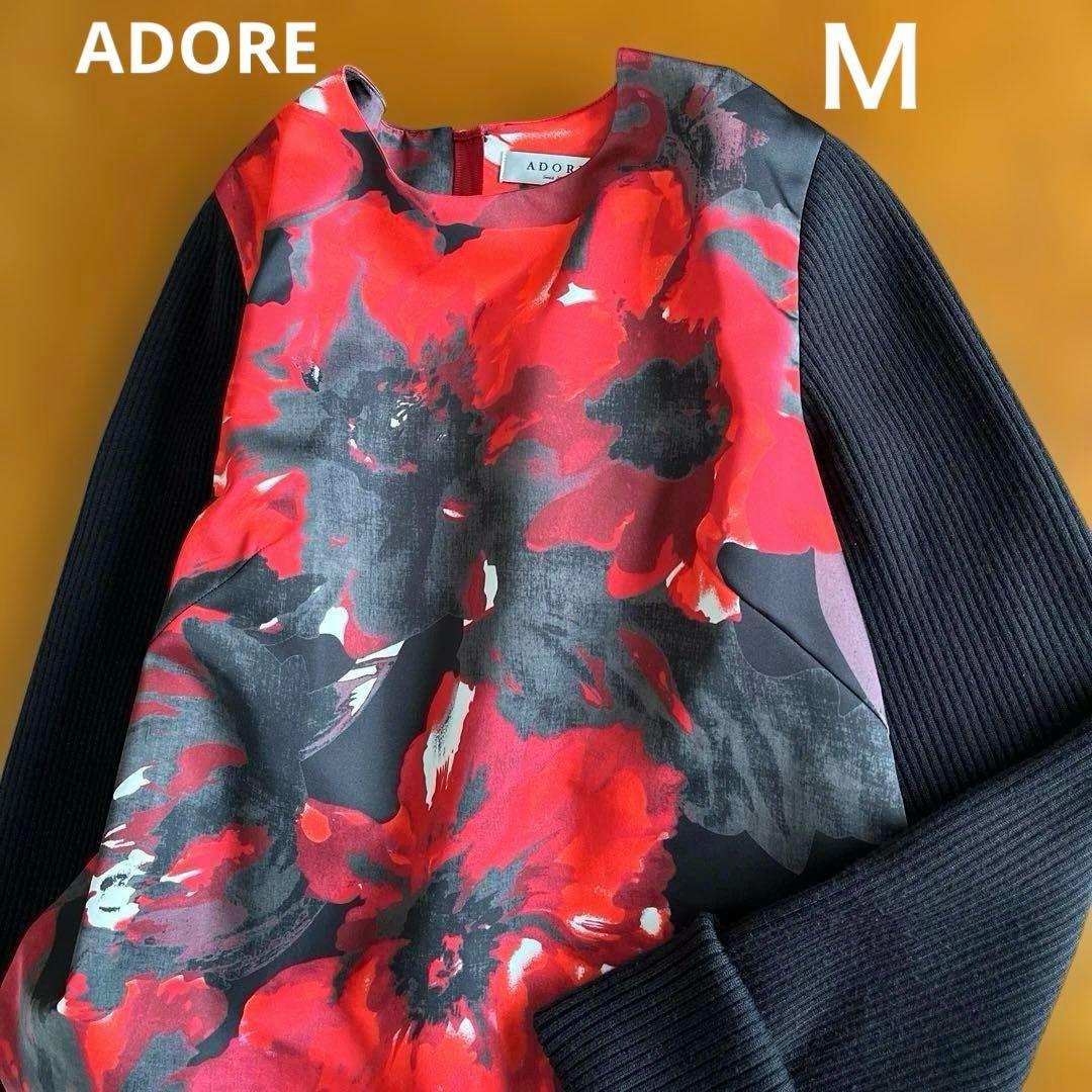 ADORE プルオーバーブラウス　トップス　異素材　光沢花柄プリント＋ニット