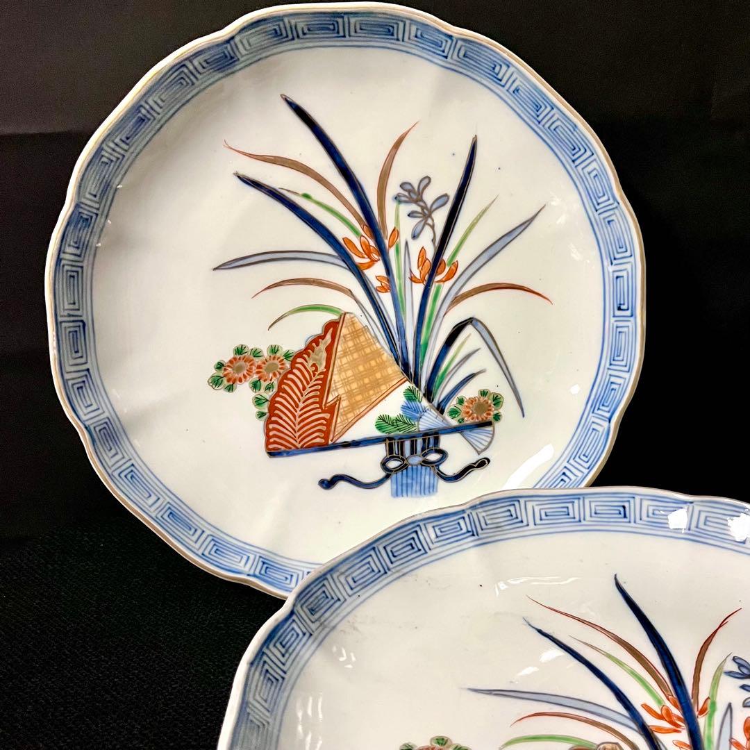 ★アンティーク　骨董品　時代物 ★古伊万里　染付金彩色絵　 　大皿　八寸皿　2枚