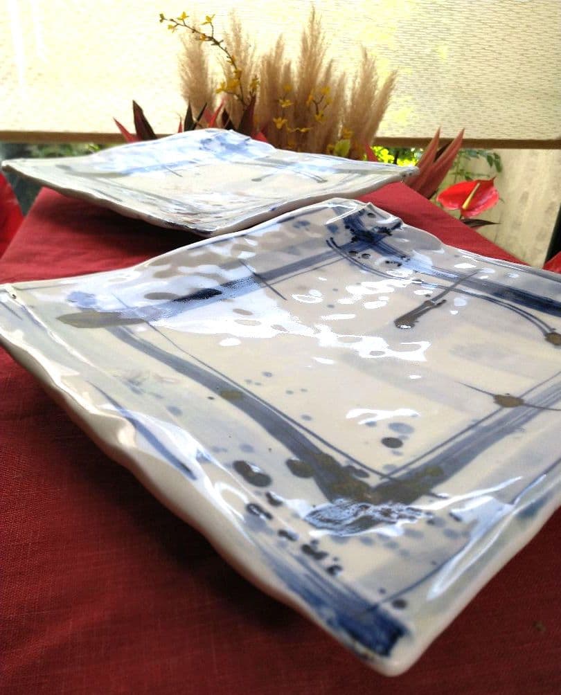 ⬛ブロが選ぶ【高級皿・人気の美濃焼・ 庄右ェ門作】デザイン【扇型超特大皿】２皿