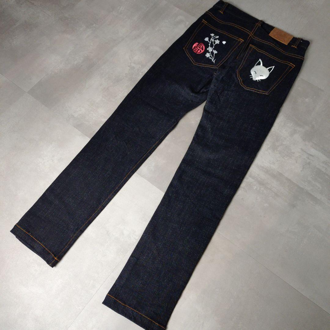 今昔 KON-JAKU 狐 総刺繍 和柄 デニム パンツ 28ブラック