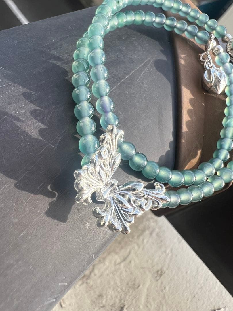 天然翡翠　グァテマラ産A翡翠　氷種　青系　S925チャーム　2連ブレスレット