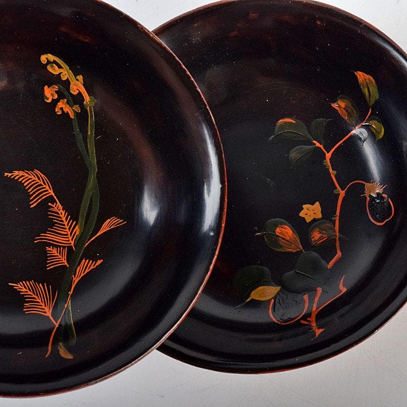 時代輪島塗　黒漆　蒔絵絵変銘々皿　木皿　十客　時代箱付　V　R8927