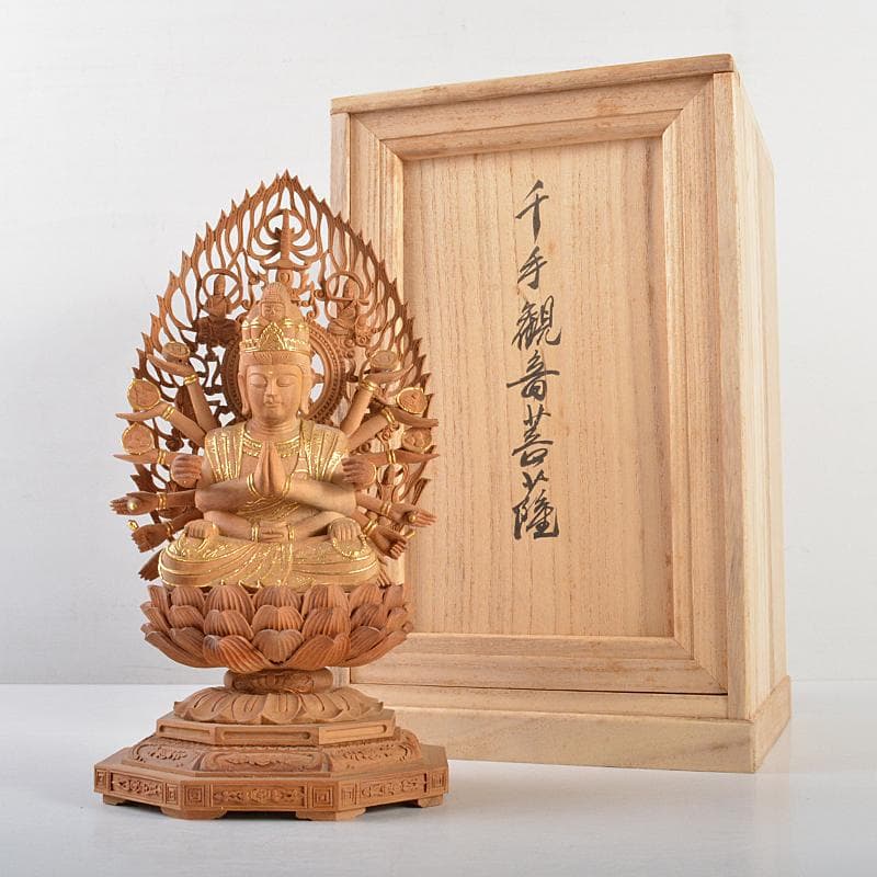 はろはろ　仏教美術松園大龍作白檀彫刻　千手観音菩薩像　共箱　U　R5647