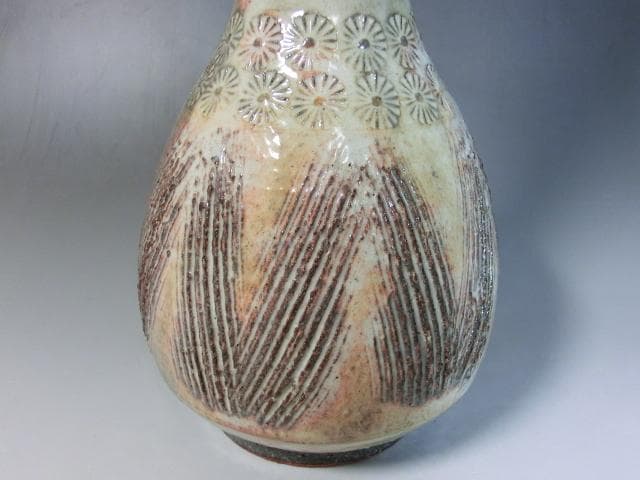 花壷■熊本喜一作 粉引櫛目 三島手 印花文 鶴首 壺 共箱 作家物 時代物 骨董