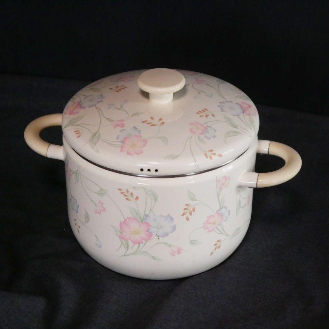 花柄ホーロー両手鍋 昭和レトロ