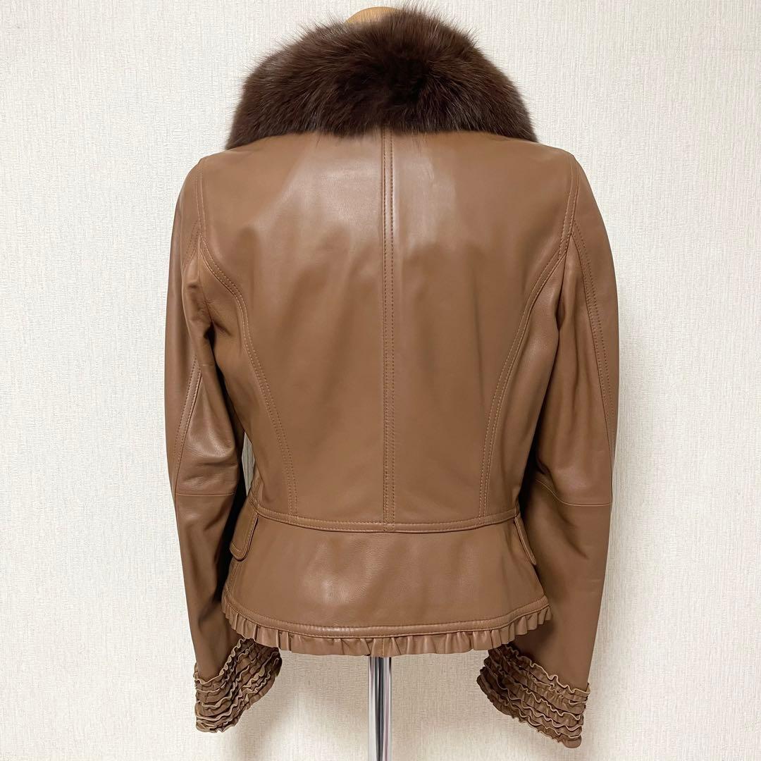 INGEBORG インゲボルグ フリル レザー ファー ジャケット ブラウン M