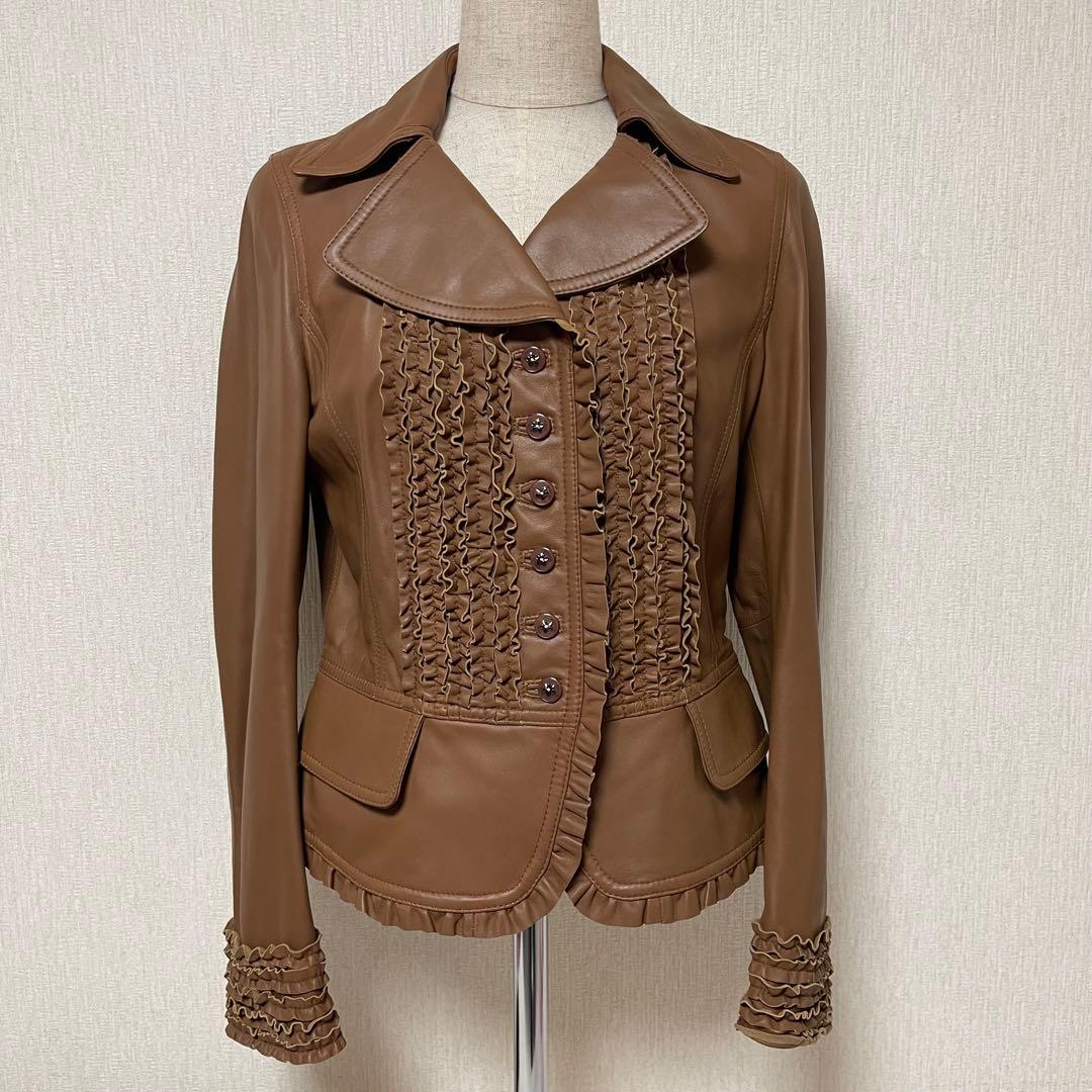 INGEBORG インゲボルグ フリル レザー ファー ジャケット ブラウン M