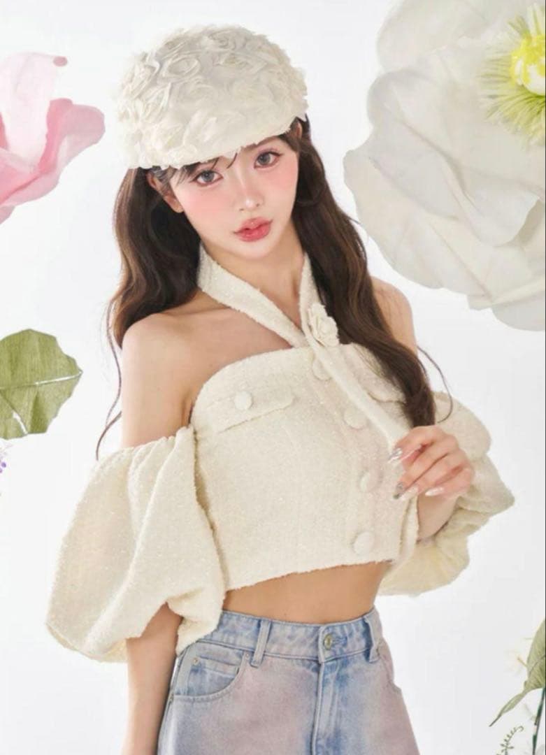 【✨新品タグ付未使用✨】#ダーリッチ #ホルターネックオフショルツイードトップス