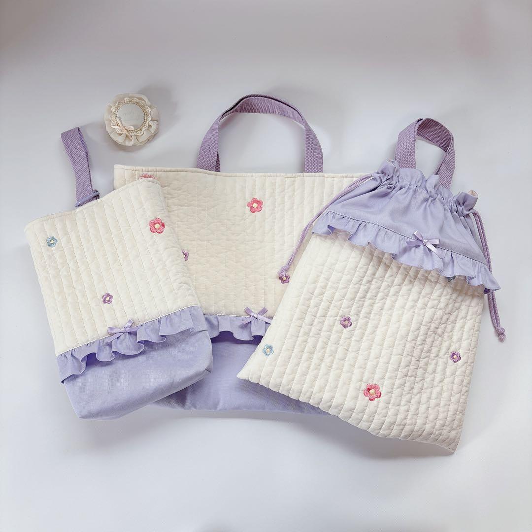 ヌビ　お花　刺繍生地　レッスンバッグ　上履き袋　体操着袋　キルト　キルティング