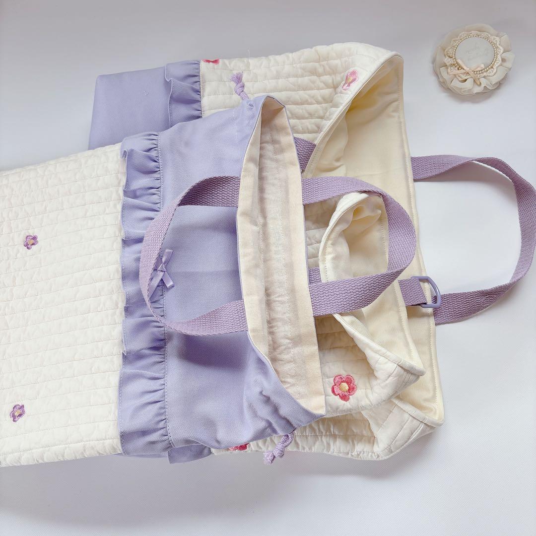 ヌビ　お花　刺繍生地　レッスンバッグ　上履き袋　体操着袋　キルト　キルティング