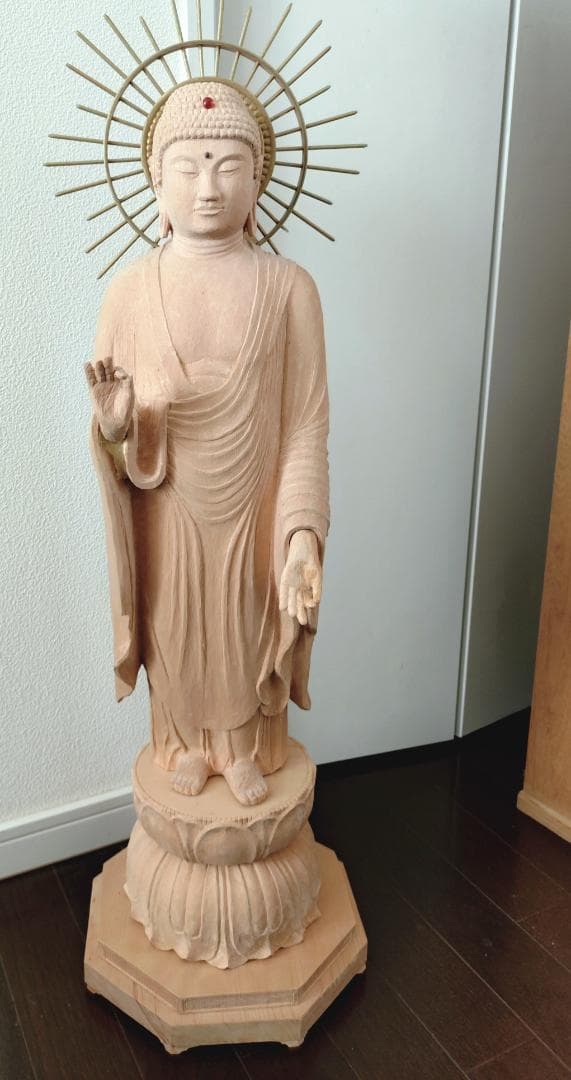 阿弥陀如来像　木彫り　八角台座付　放射光背付　80cm 立像　専用木箱付