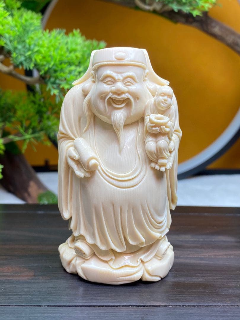 天然マンモス牙美しい手作り彫刻福禄寿置物